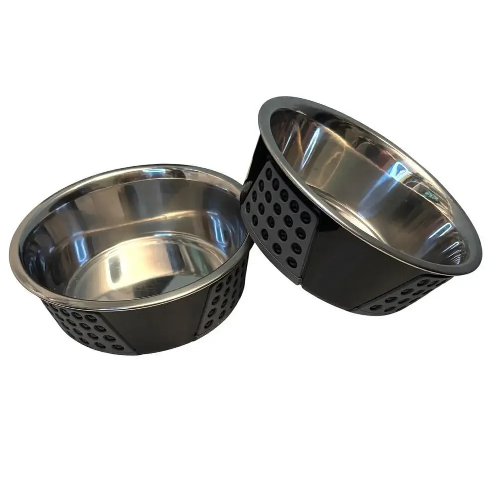 Stainless Steel Set of 2 Dog Bowls Gray Black